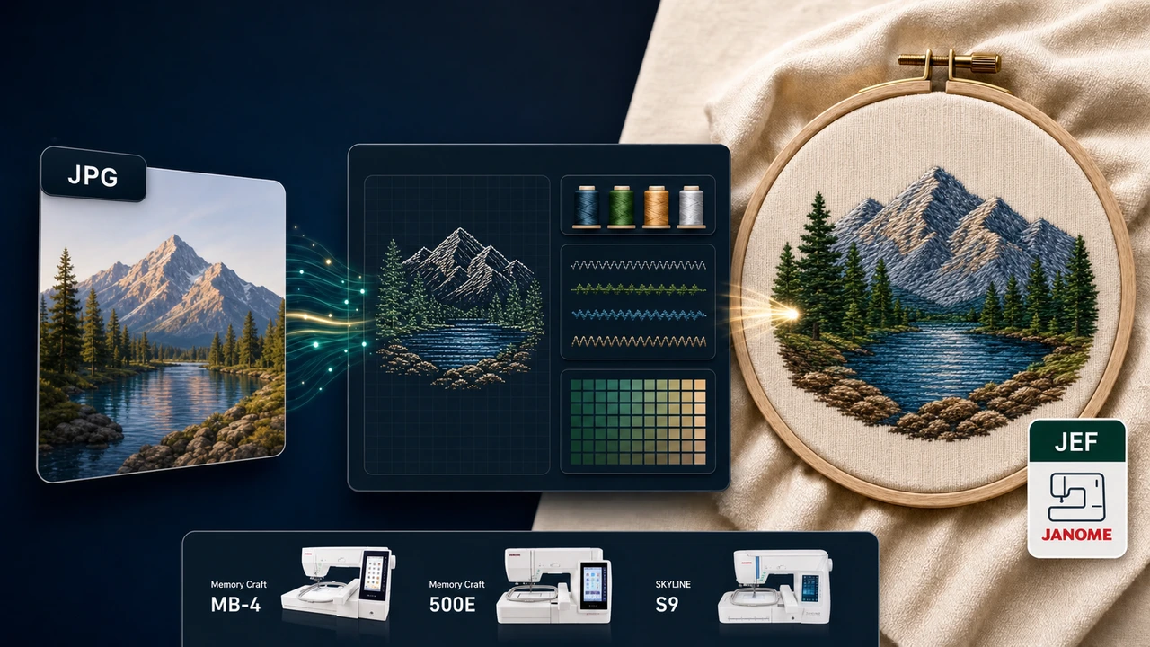 Convert JPG to JEF Embroidery File Online jpg to jef workflow preview in StitchPilot.ai