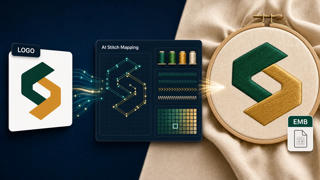 logo to embroidery workflow preview in StitchPilot.ai
