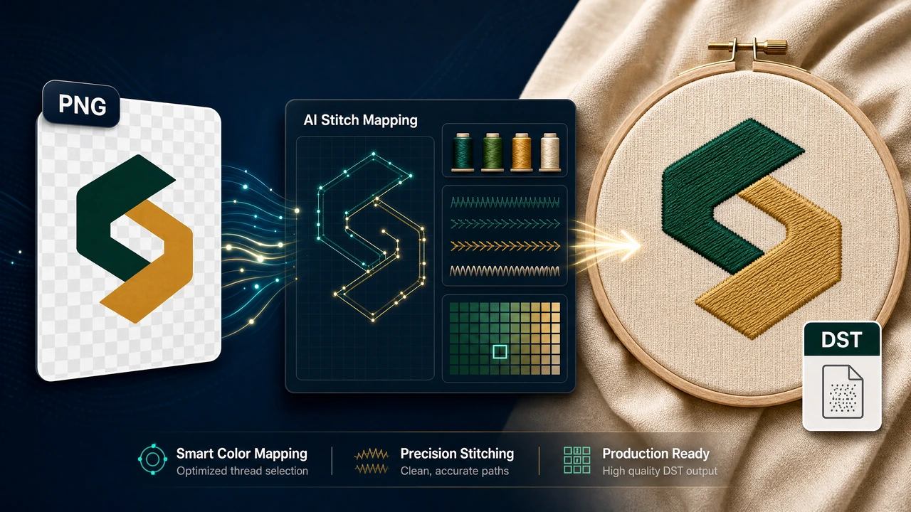 Convert PNG to DST Embroidery File Online PNG to DST workflow preview in StitchPilot.ai