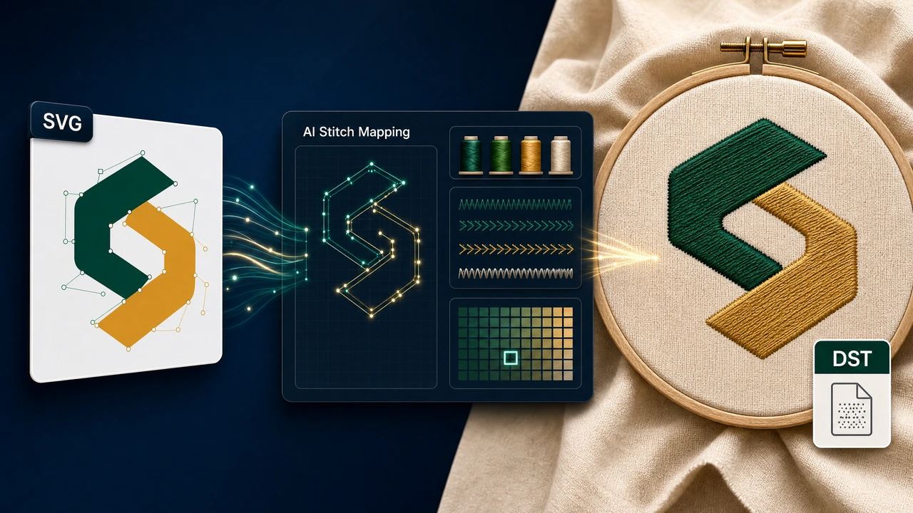 Convert SVG to DST Embroidery File Online svg to dst workflow preview in StitchPilot.ai