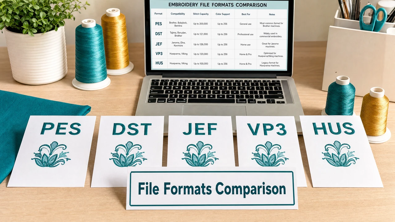 Embroidery File Formats Comparison — PES vs DST vs JEF vs VP3 Embroidery file format comparison PES DST JEF VP3 in StitchPilot.ai